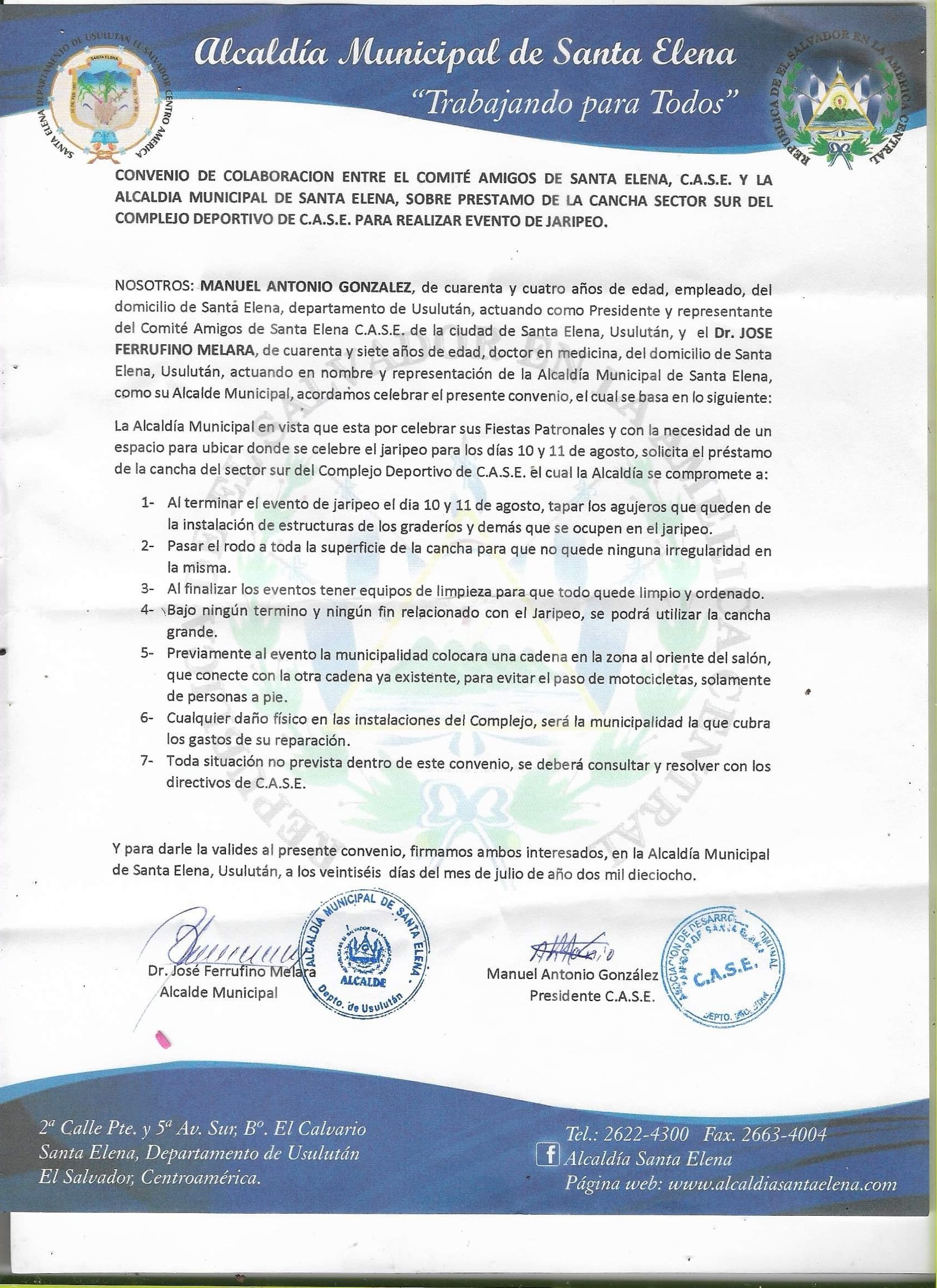 Convenio de Colaboracion entre El Comite Amigos de Santa Elena y La Alcaldia Municipal de Santa Elena